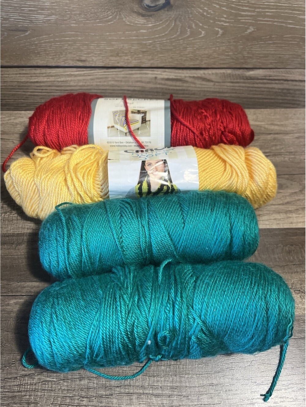 Soft Yarn Lot Of 4 Skeins Mixed Colors Red, Yellow & Turquoise
